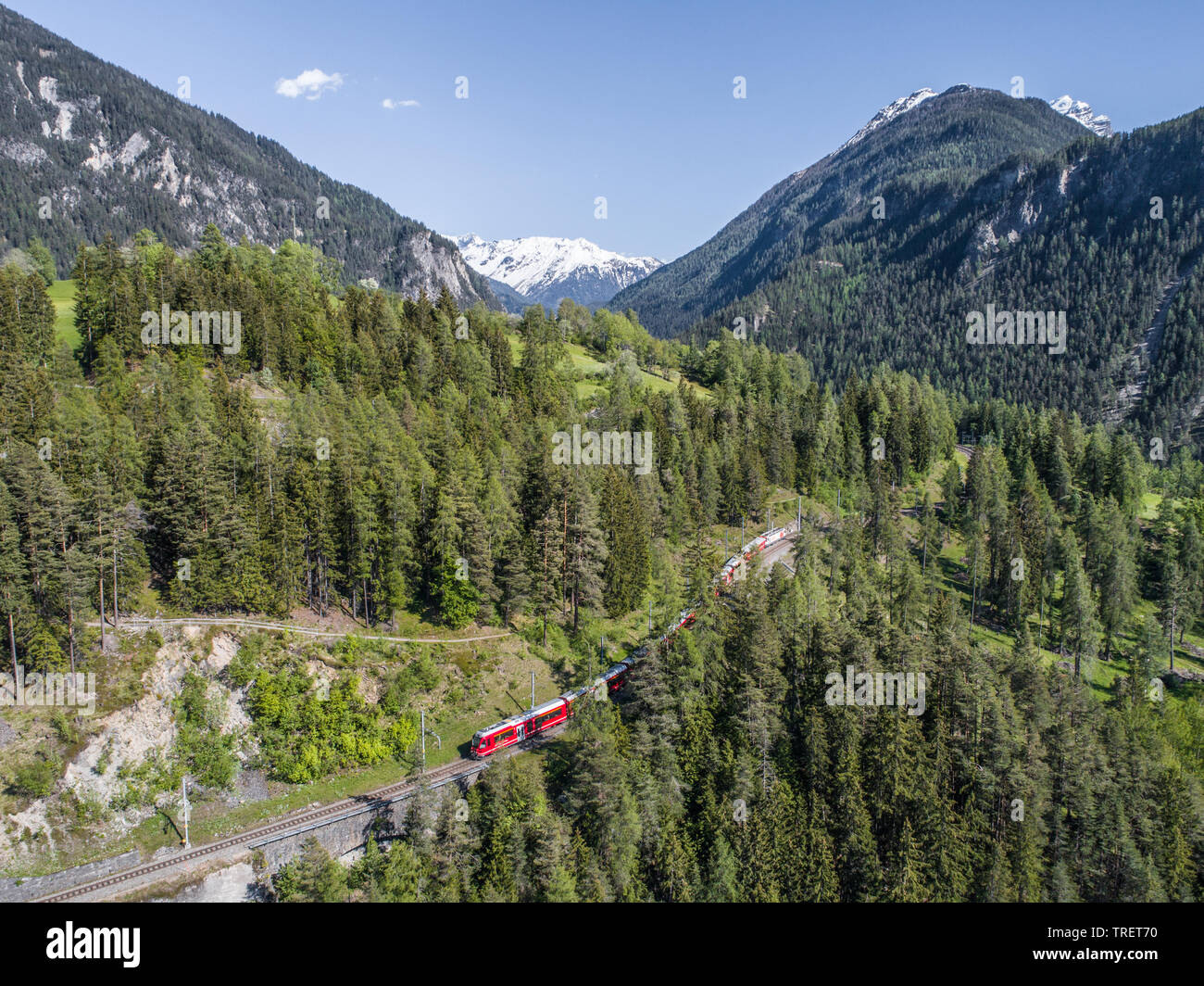 Bernina Express auf der Bahn in einem Wald, Luftbild. Unesco-Welterbe Stockfoto