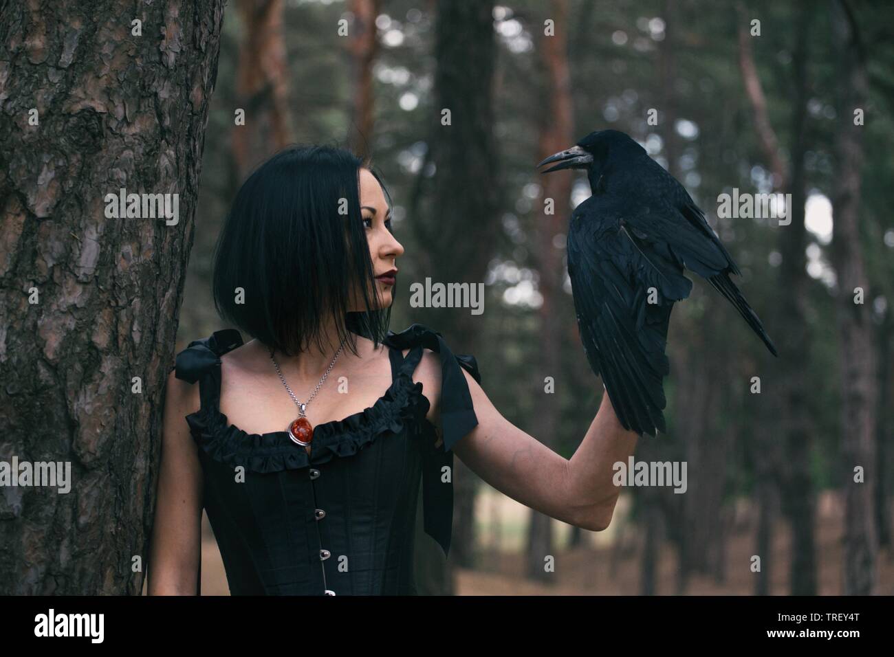 Mädchen und Raven im Wald. fabelhaft themed Fotoshooting Stockfoto