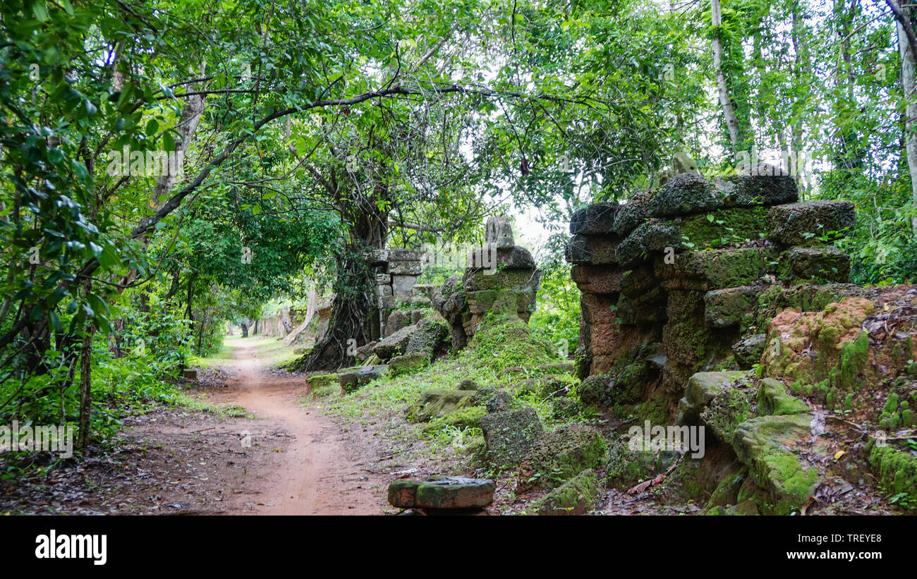 Architektonische Erbe von Ta Prohm antiken Tempel Komplex mit alten zerstreut Steine und Felsen ruiniert. (Angkor Wat, UNESCO, Siem Reap, Kambodscha). Stockfoto