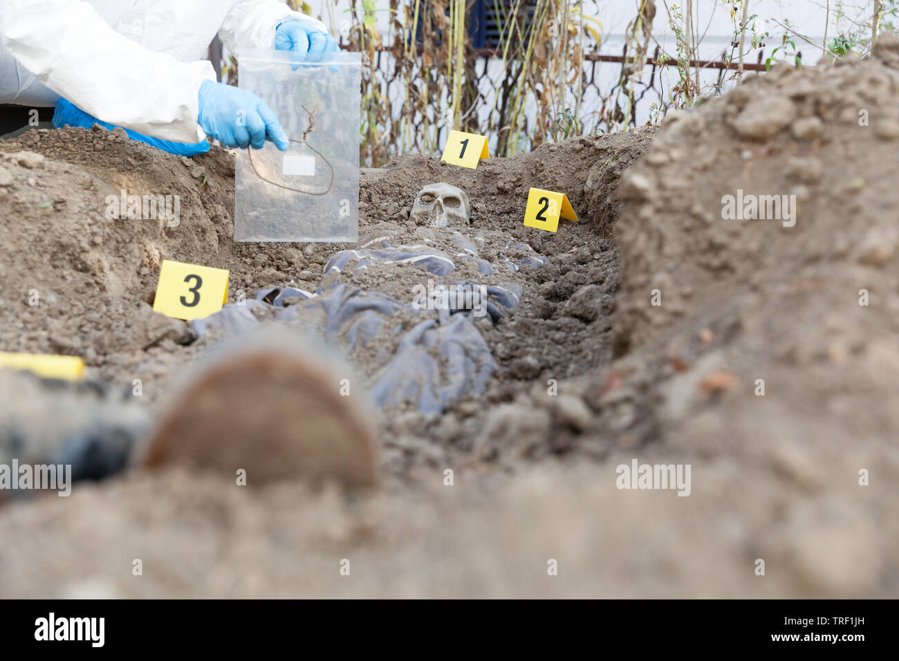 Forensische Wissenschaft Spezialist bei der Arbeit, Beweise sammeln bei der exhumierung Website Stockfoto