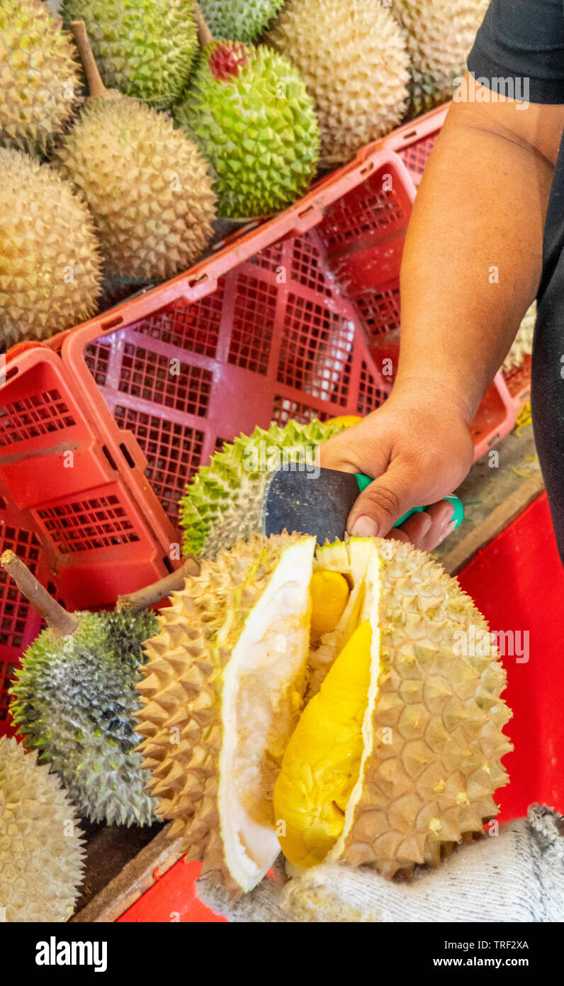 Männliche Ladenbesitzer schneiden und vorbereiten tropische Frucht durian für einen Kunden in Singapur. Stockfoto