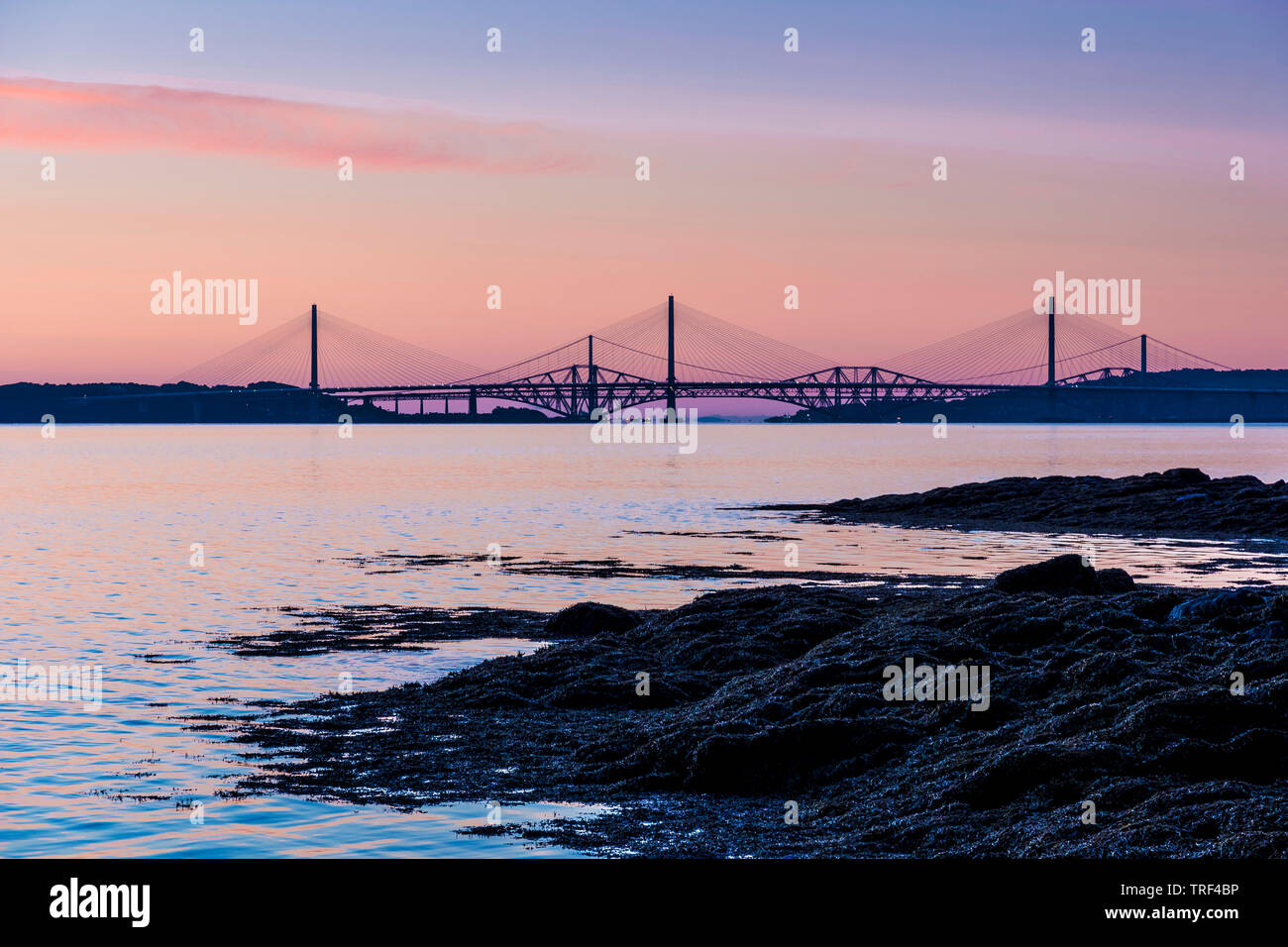 Sonnenaufgang mit den drei her Brücken in South Queensferry Stockfoto