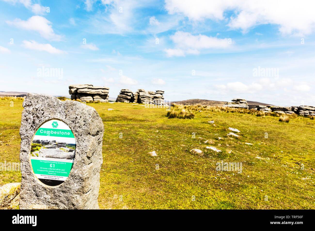 Combestone Tor Dartmoor Devon, UK, Combestone Tor, Granit Tor, Dartmoor, England, Combestone Tor unterzeichnen, Combestone Dartmoor, Devon, Dartmoor Dartmoor, Stockfoto