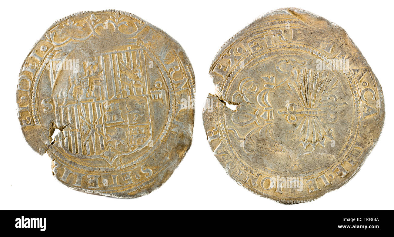 Alte spanische Silbermünze der Könige Fernando e Isabel. Die Katholischen Könige. In Sevilla geprägt. 4 Reales. Stockfoto