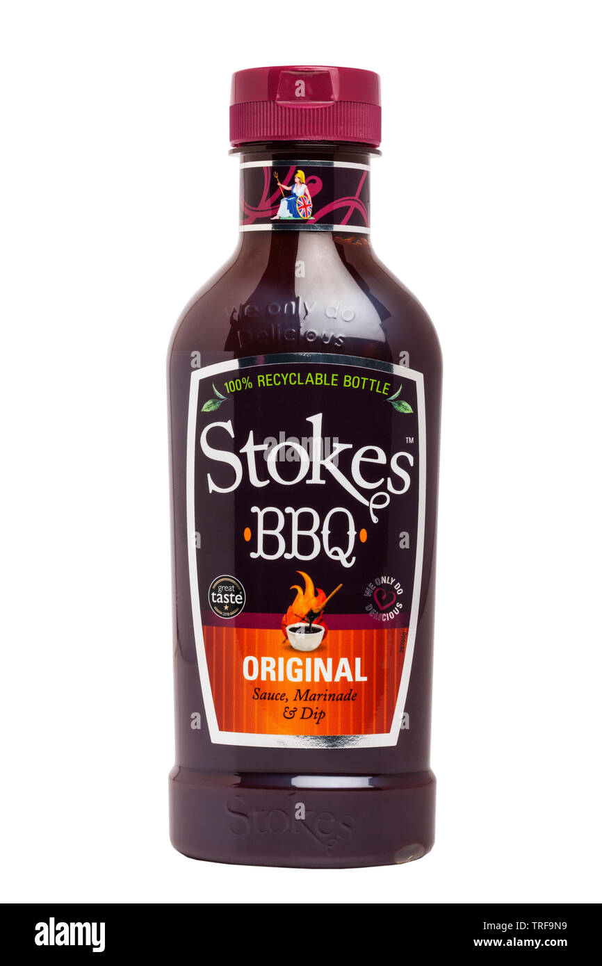 Einen neuen Kunststoff Flasche Stokes BBQ Barbecue Sauce auf weißem Hintergrund Stockfoto