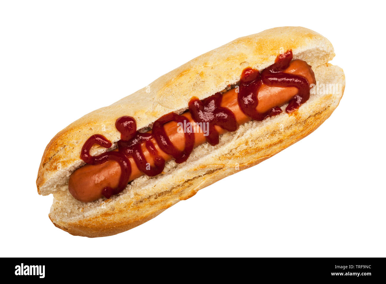 Ein Hot Dog mit Stokes Tomatenketchup auf weißem Hintergrund Stockfoto