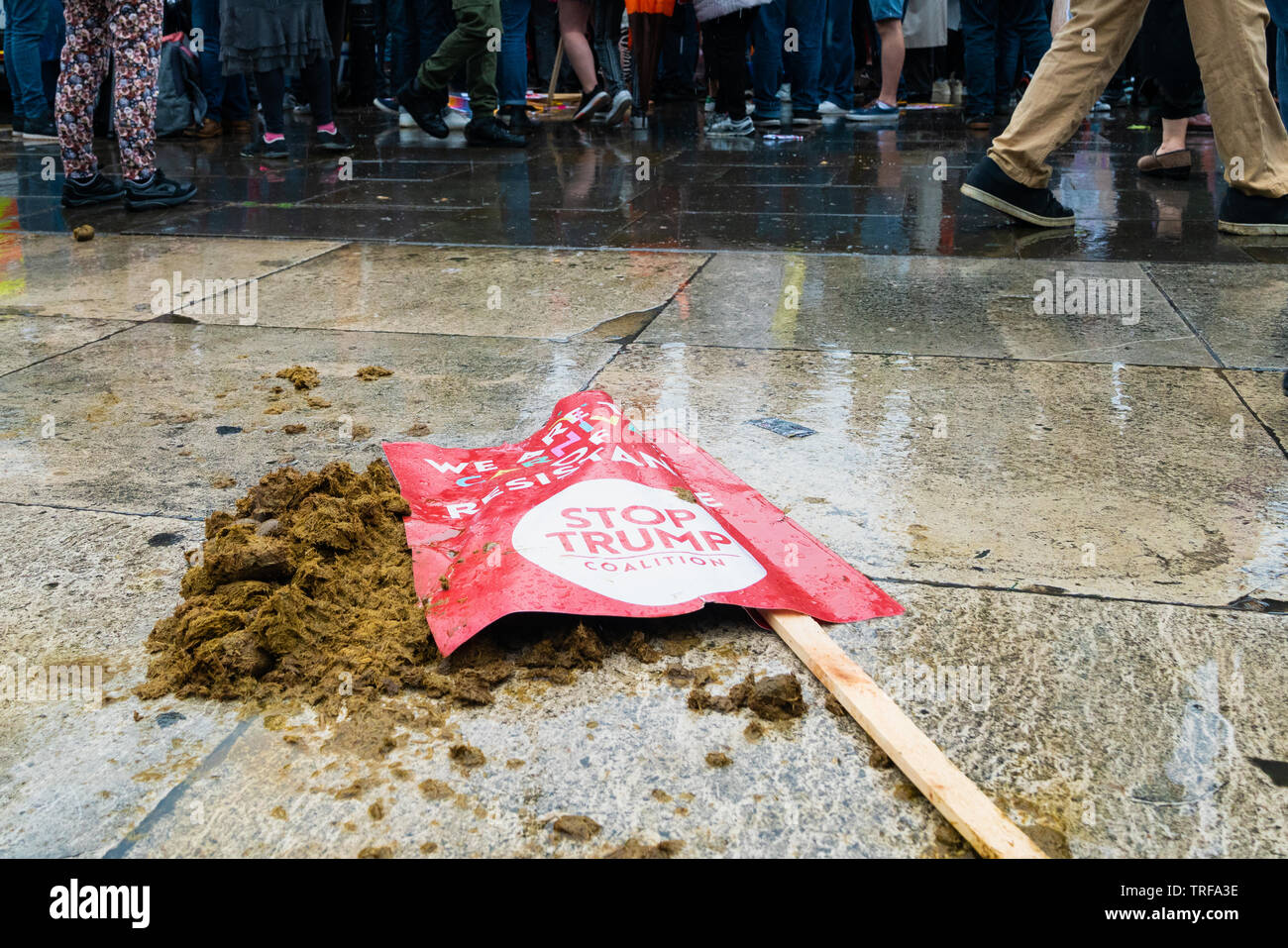 4. Juni 2019. London, Großbritannien. Anti Trump Rallye in Westminster. Stop Trump Koalition Plakat links auf dem Pferd Scheiße. Stockfoto