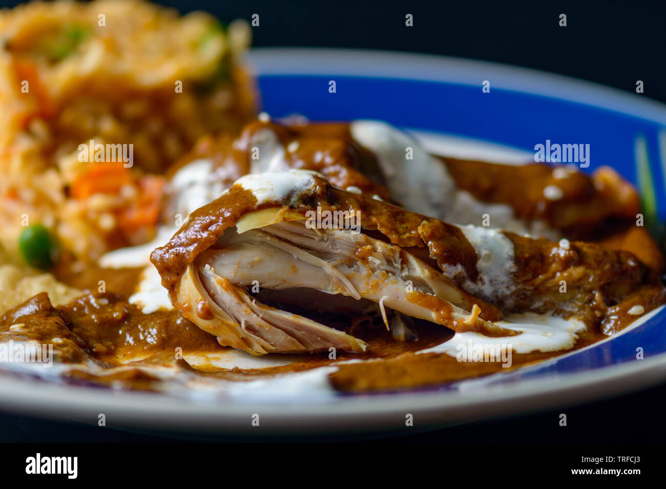 Huhn mit Mole Poblano Sauce und mexikanische Reis, traditionelle Spezialität von Oaxaca und Puebla. Essen, Restaurants, Menüs, Mexiko, Reisen, Tradition. Cop Stockfoto
