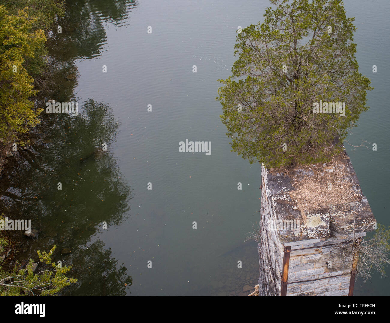 Drone Luftbild auf der Suche nach Live Grüner Baum wachsen auf verlassenen baufälligen Ziegel Stein bleibt der alte historische Brücke über den Potomac River. Stockfoto