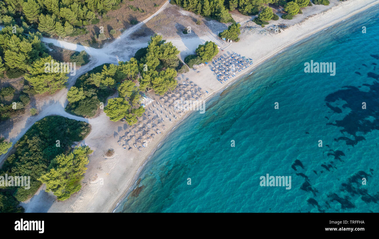 Strand in der Nähe von Paragga Glarokavos Strand in Halbinsel Kassandra. Chalkidiki, Griechenland Stockfoto