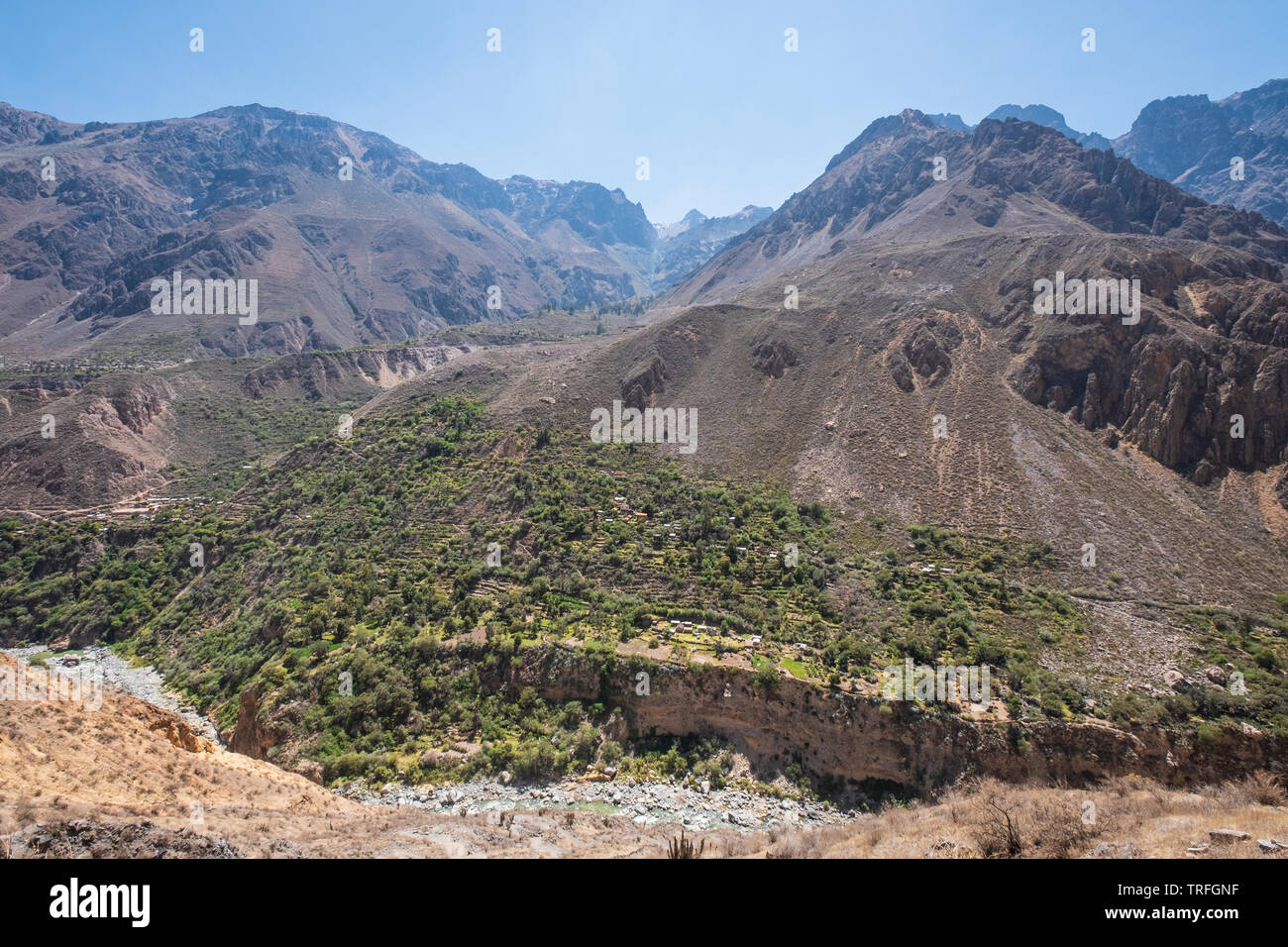 Trail und malerischen Blick auf den Colca Canyon mit dem Dorf von San Juan de Chucho, Cabanaconde Bezirk, Peru Stockfoto