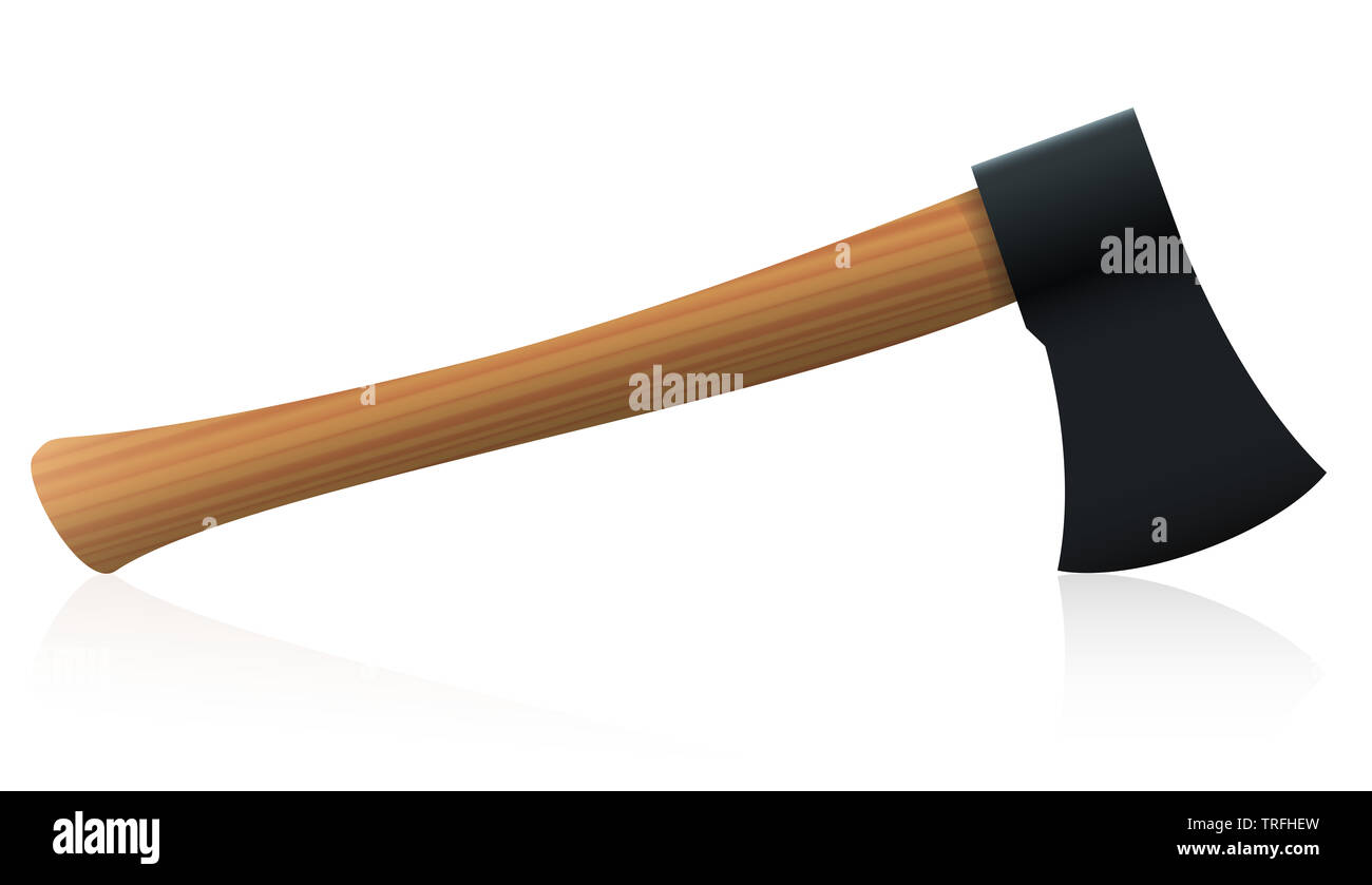Ax mit schwarzem Kopf und Griff aus Holz - Abbildung auf weißem Hintergrund. Stockfoto