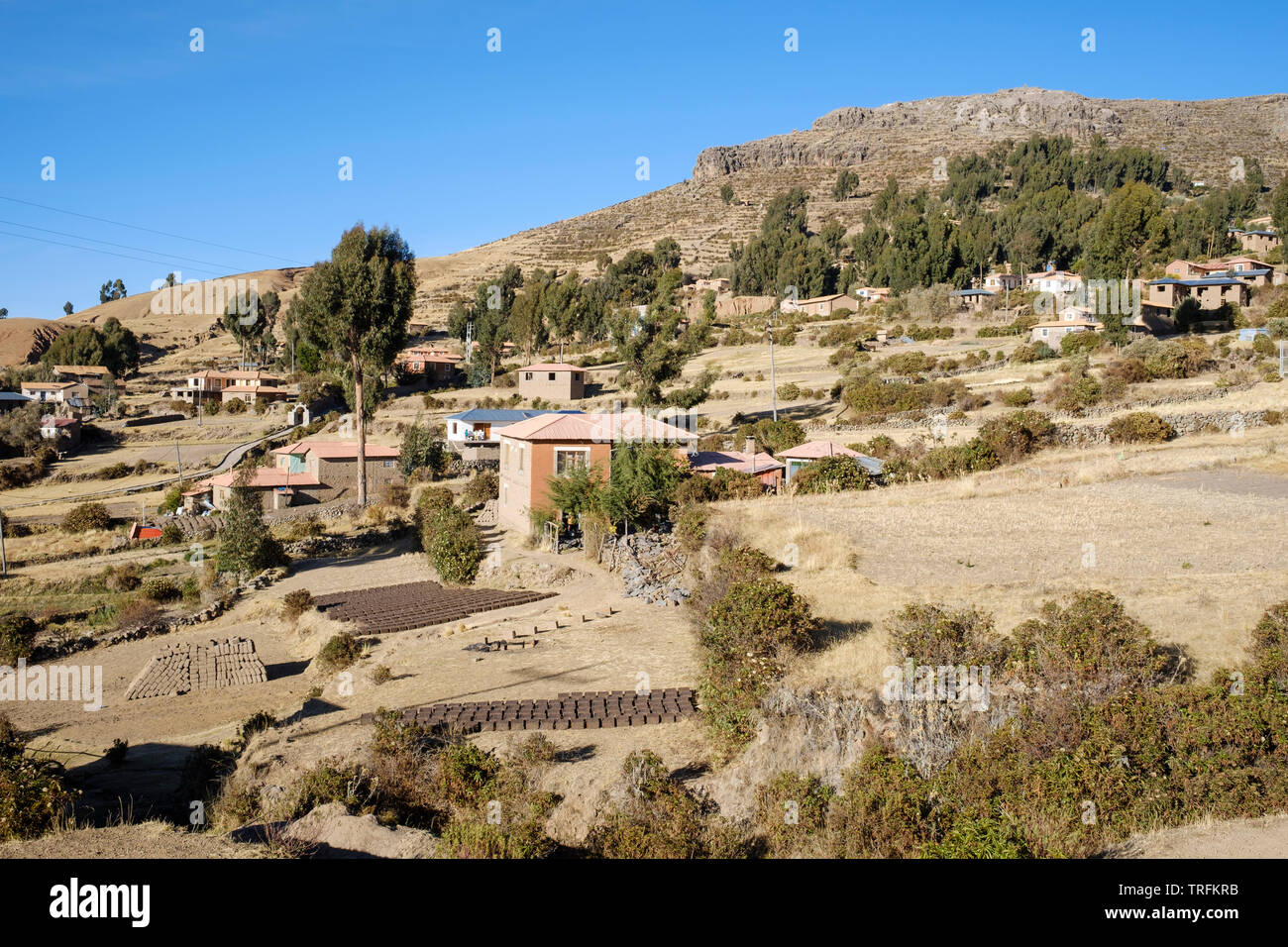 Adobe Backsteine sind Sonne trocknen in Amantani Hang, Puno, Peru Stockfoto