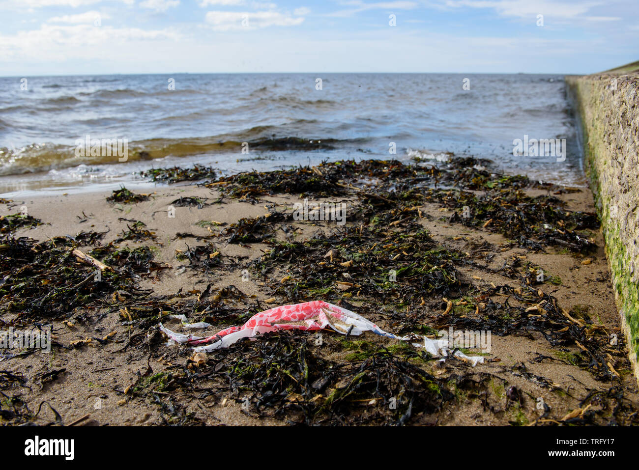 DAUGAVGRIVA, Lettland. 1. Juni 2019. Plastikbeutel liegend auf Sand am Strand in der Nähe von Ostsee. Stockfoto