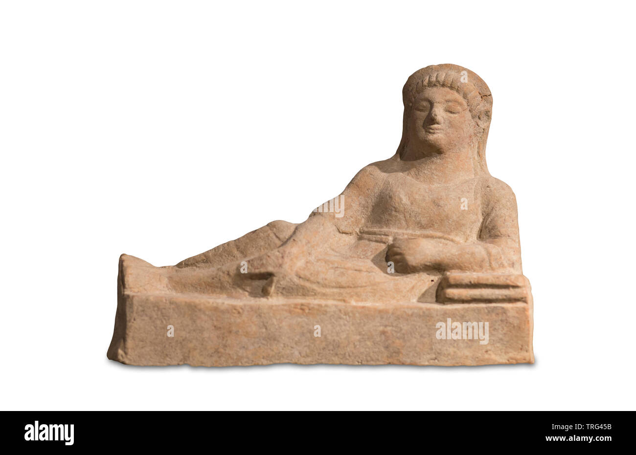 Malaga, Spanien - September 21th, 2018: Terrakotta etruskischen figurine Darstellung liegende Dame. 5. Jahrhundert v. Chr.. Bauer Museum Stockfoto