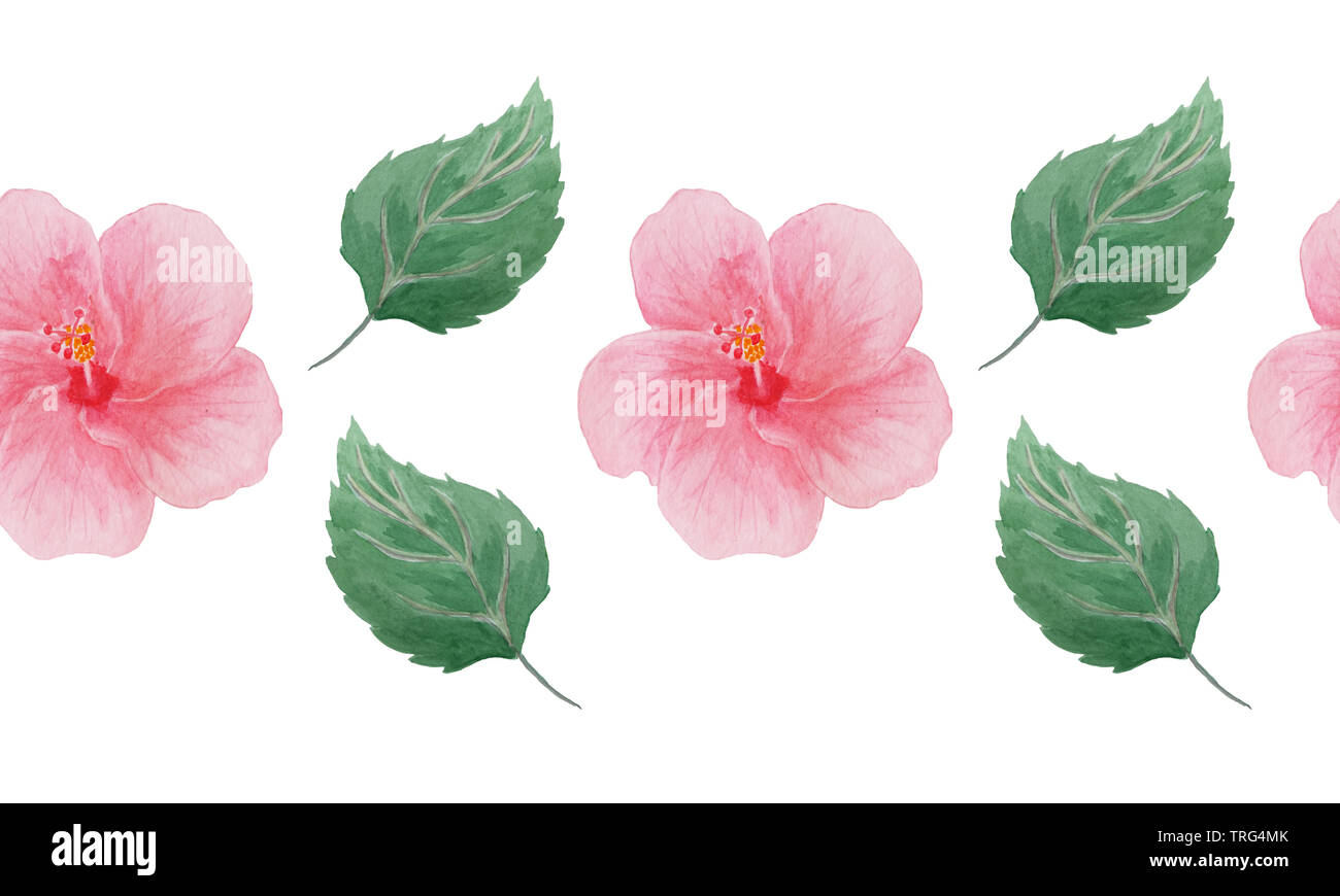 Abstrakte aquarell Hand gezeichnet nahtlose Grenze mit Hibiskus Blüten und Blätter Stockfoto