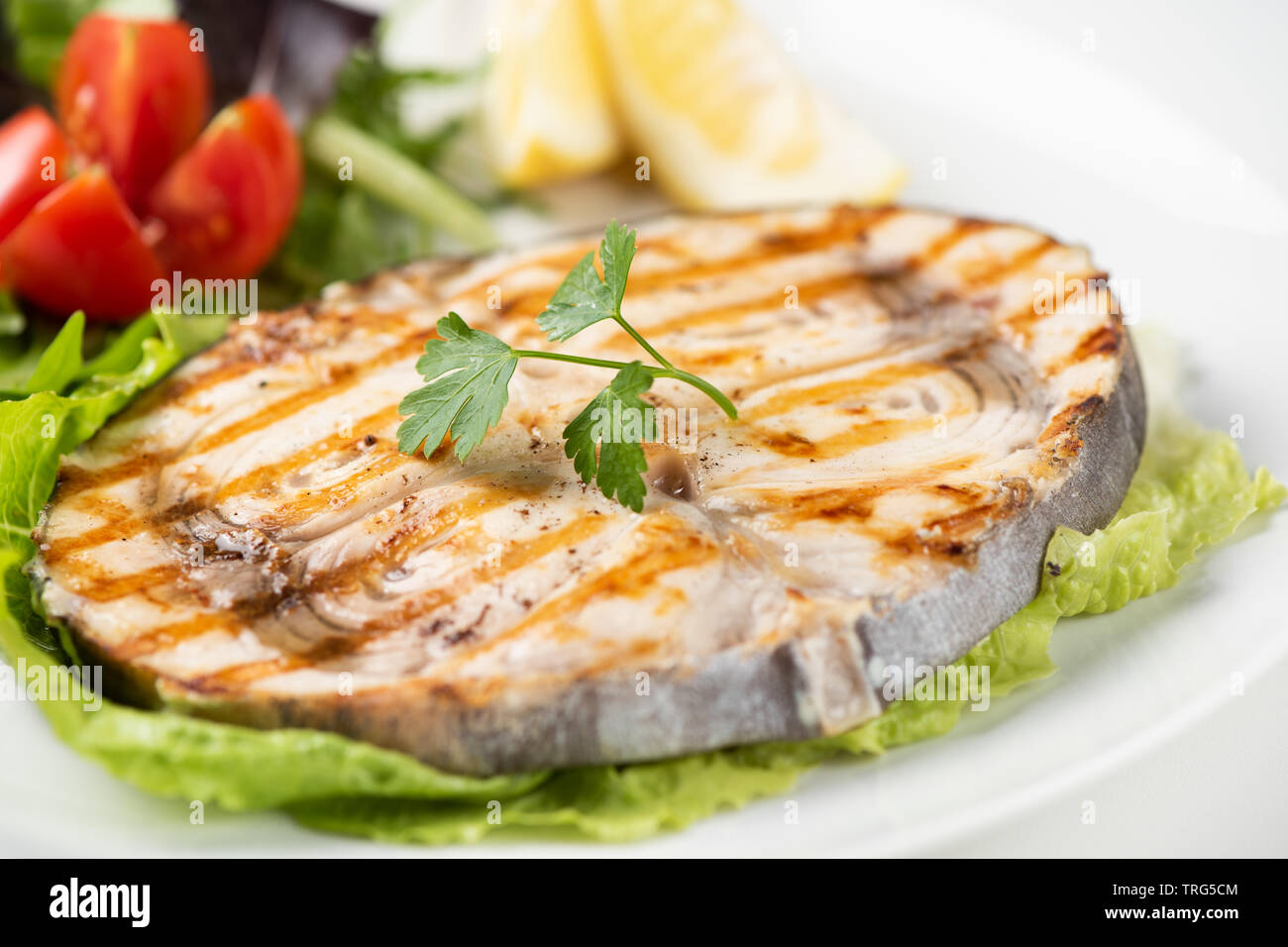 Gegrillter Schwertfisch mit Salat und Zitrone auf die weiße Platte. Nahaufnahme Stockfoto