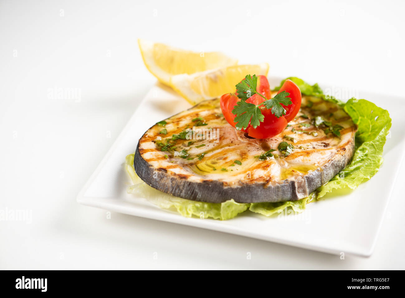 Gegrillter Schwertfisch mit Salat und Zitrone auf die weiße Platte. Nahaufnahme Stockfoto
