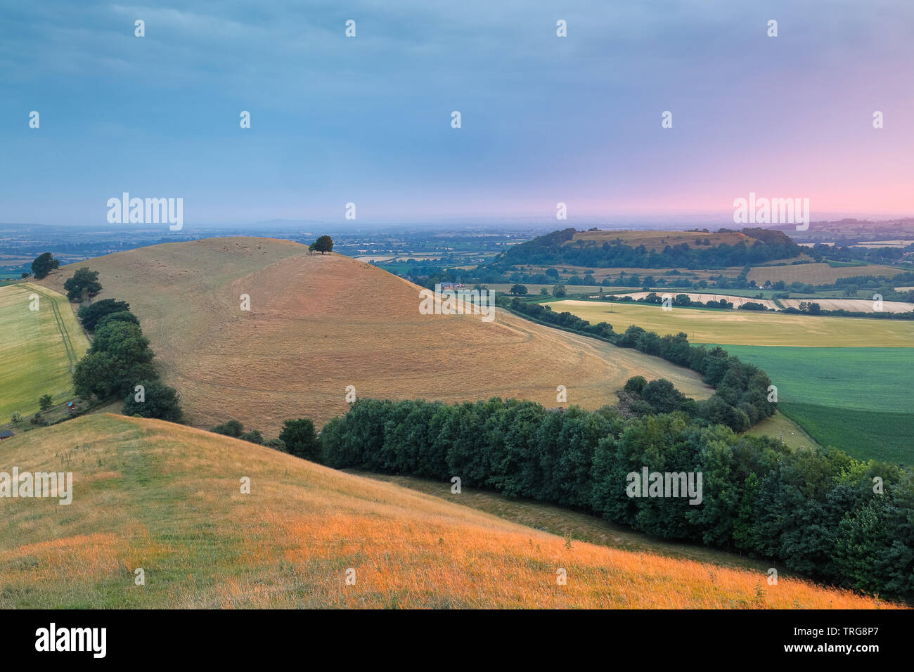 Parrock Hill und Cadbury Castle in der Morgendämmerung, Somerset, Dorset, England, Großbritannien Stockfoto