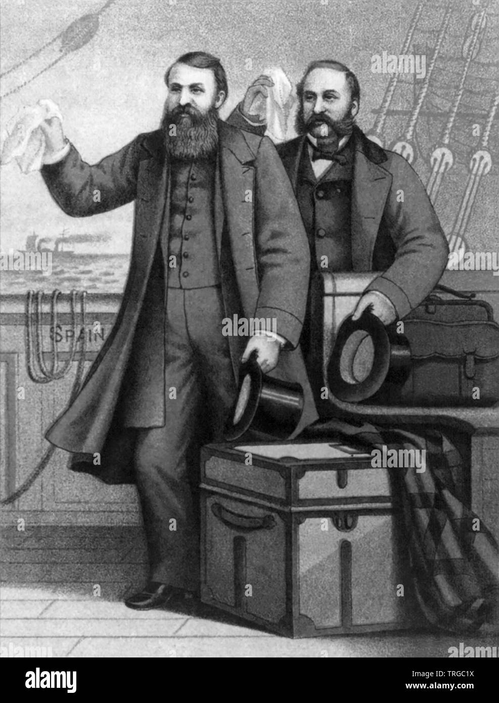 Lithographie Abbildung des 19. Jahrhunderts amerikanische christliche Evangelisten D.L. Moody und Ira Sankey schwenkten Taschentücher von einem Schiff in ein Abschied von England, c 1877. Stockfoto