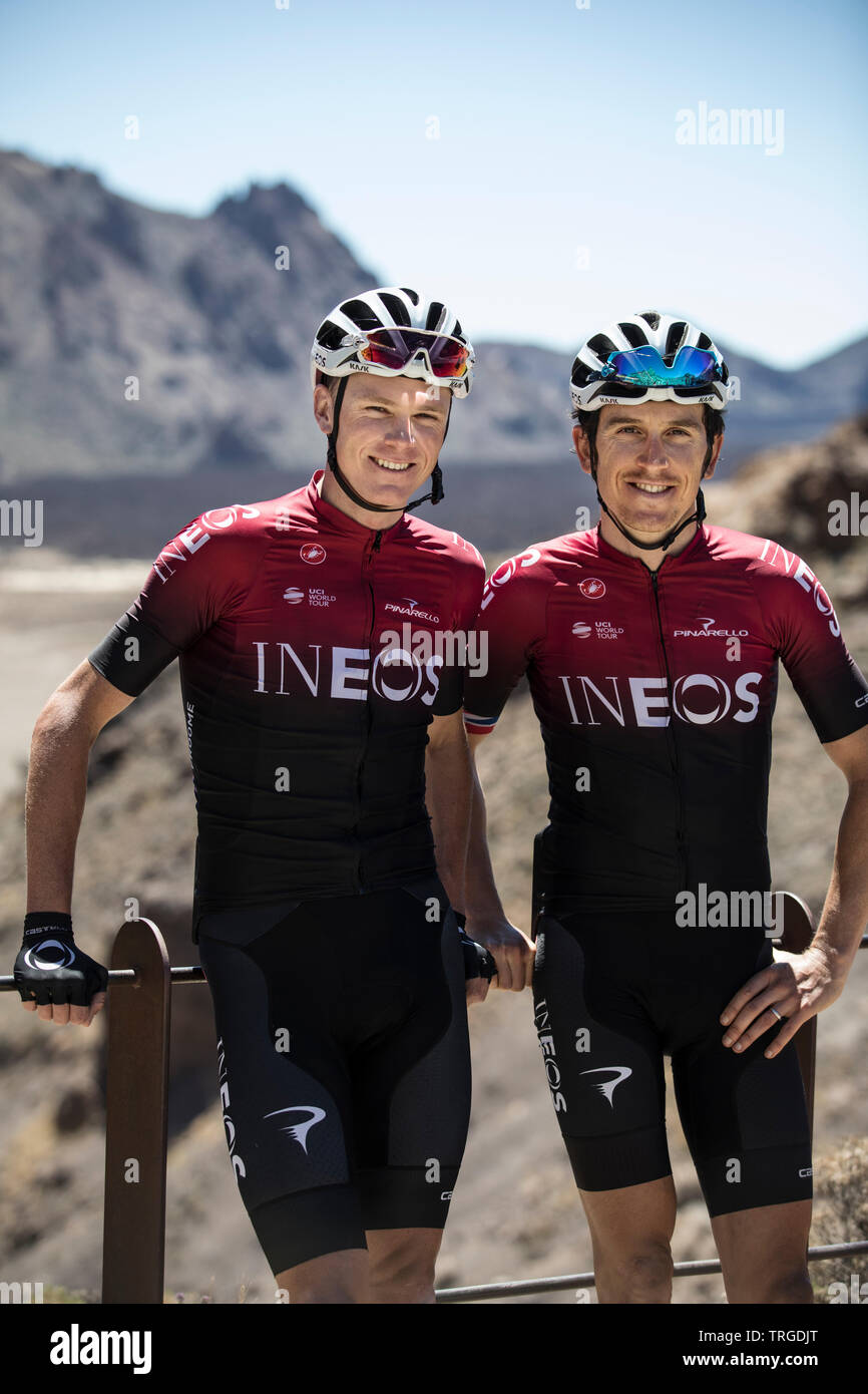 Chris Froome und Geriant Thomas, Team INEOS Radfahrer am Mount Teide Höhe Training Camp, Teneriffa, Spanien Stockfoto