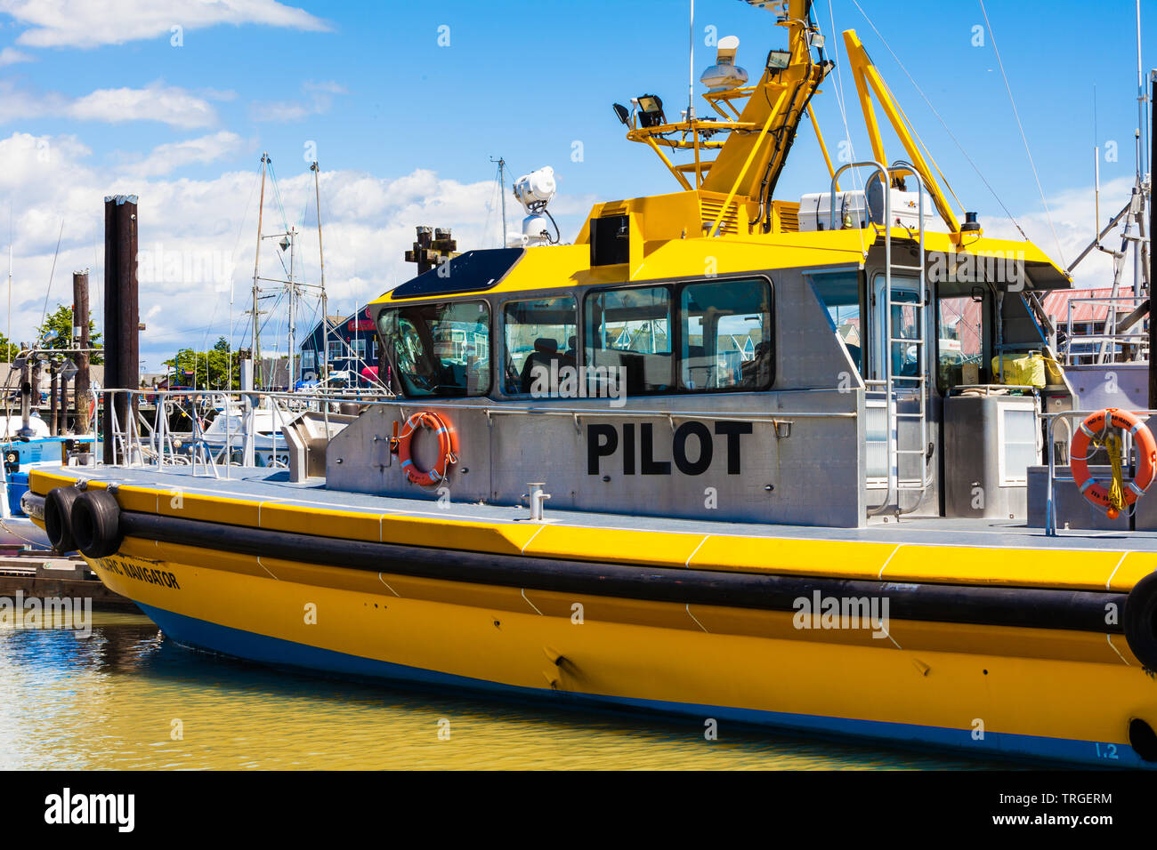 Kanadische Lotsenboot in Steveston bereit Piloten zu Schiffen, den Fraser River zu liefern angedockt Ansätze Stockfoto
