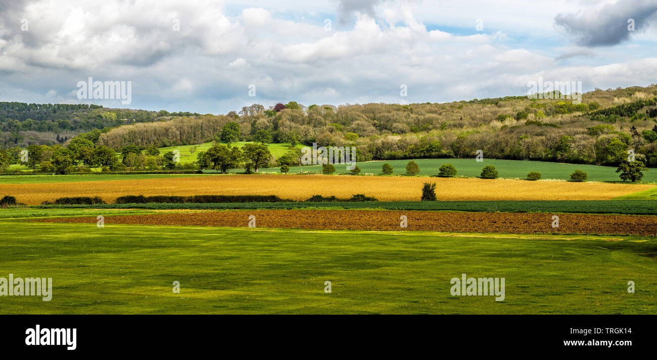 Ackerland in der Nähe der Ortschaft Stanway in Gloucestershire, Streifen in verschiedenen Farben in den Feldern und Hügeln und Himmel. Stockfoto