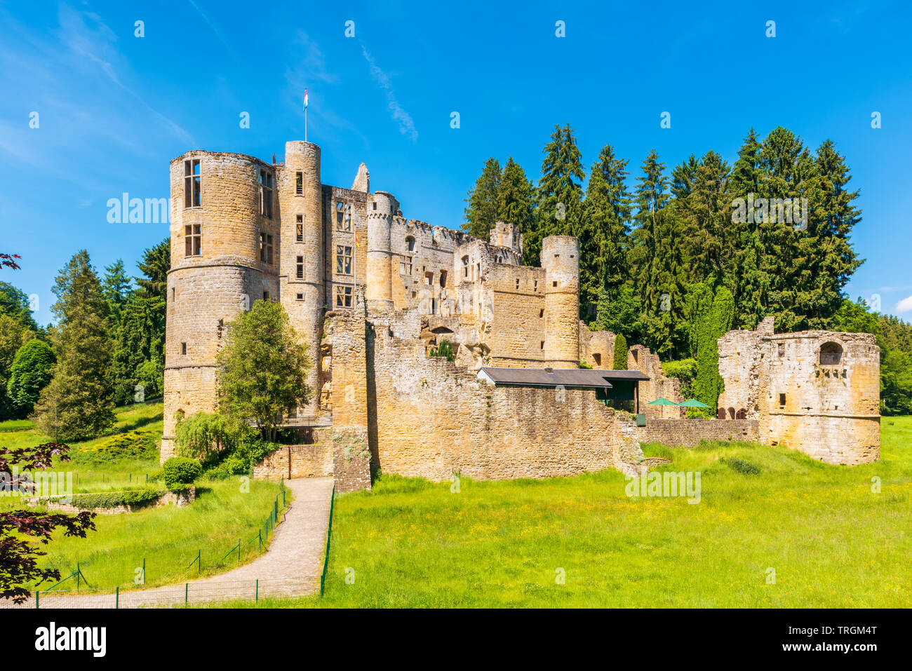 Das Alte Schloss von Beaufort in Beaufort, Luxemburg. Es besteht aus den Ruinen einer mittelalterlichen Festung und stammt aus dem 11. Jahrhundert. Stockfoto