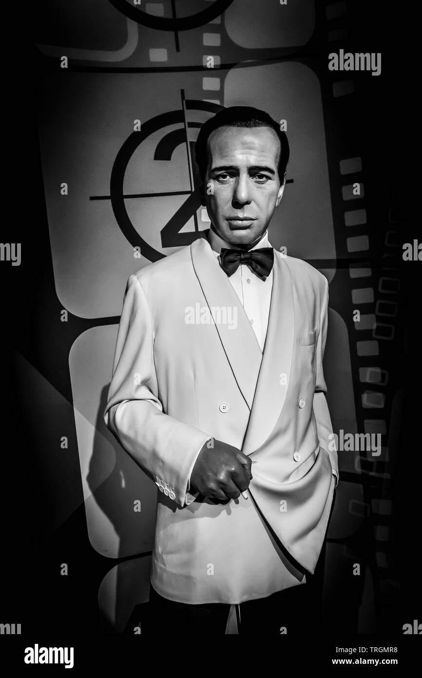 Humphrey Bogart, Madame Tussauds in Schwarz und Weiß Stockfoto