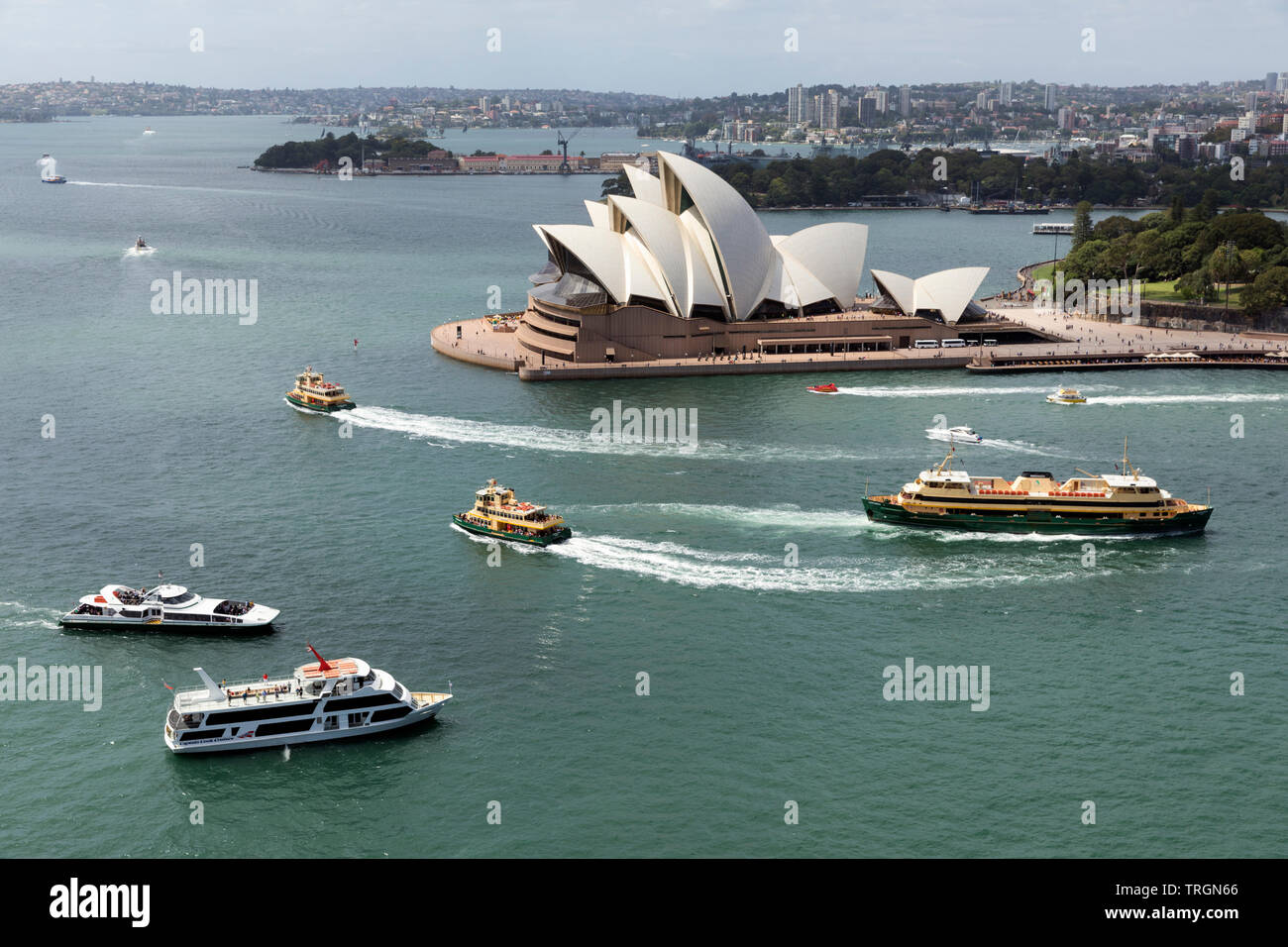 Australien, NEW SOUTH WALES, Sydney, Sydney Opera House, entworfen vom dänischen Architekten Jorn Utzon und im Oktober 1973 eröffnet, Sydney Harbour und den Fähren Stockfoto