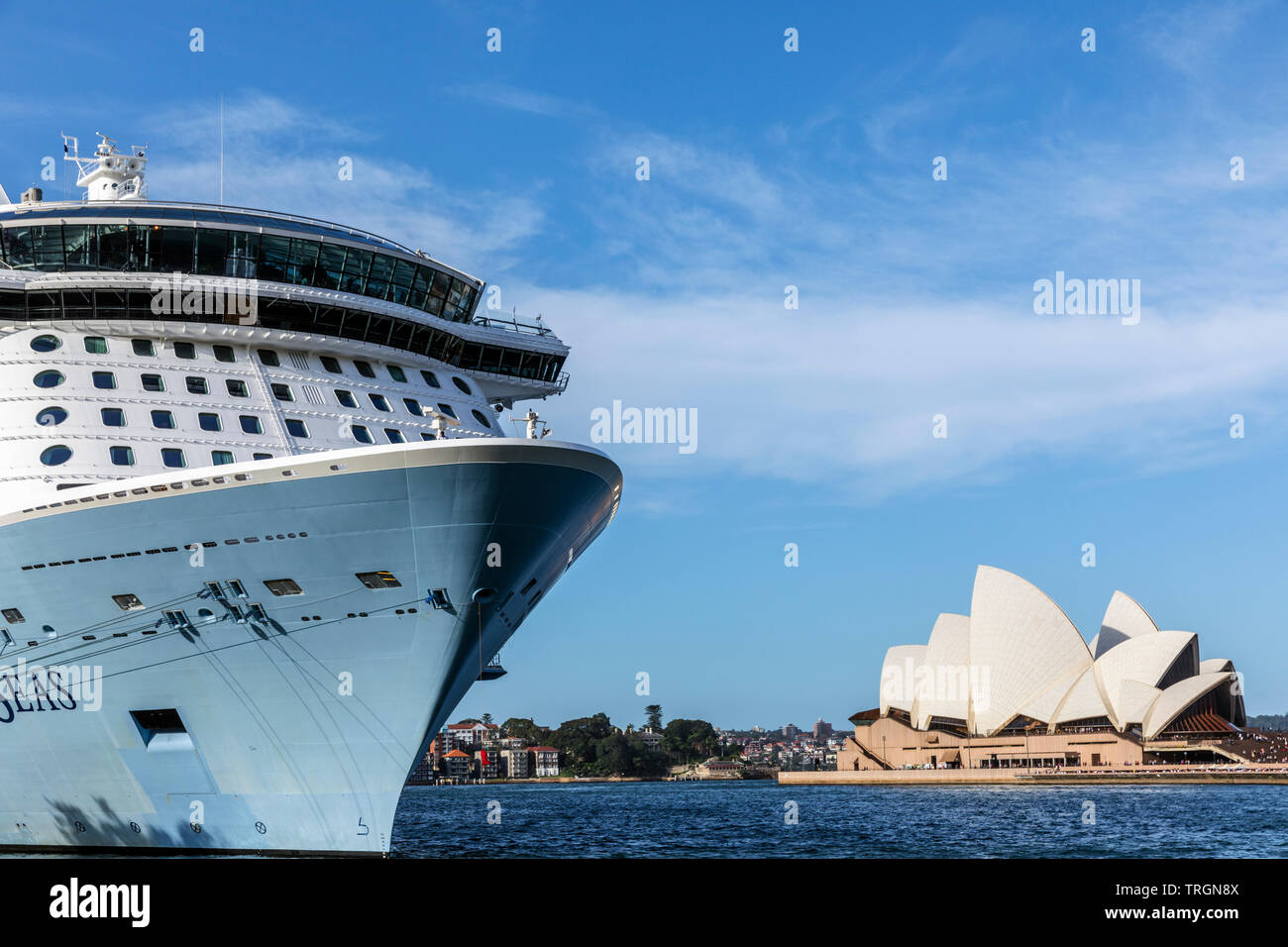 Australien, NEW SOUTH WALES, Sydney, Sydney Opera House, entworfen vom dänischen Architekten Jorn Utzon und im Oktober 1973 eröffnet und Kreuzfahrtschiff im Hafen Stockfoto