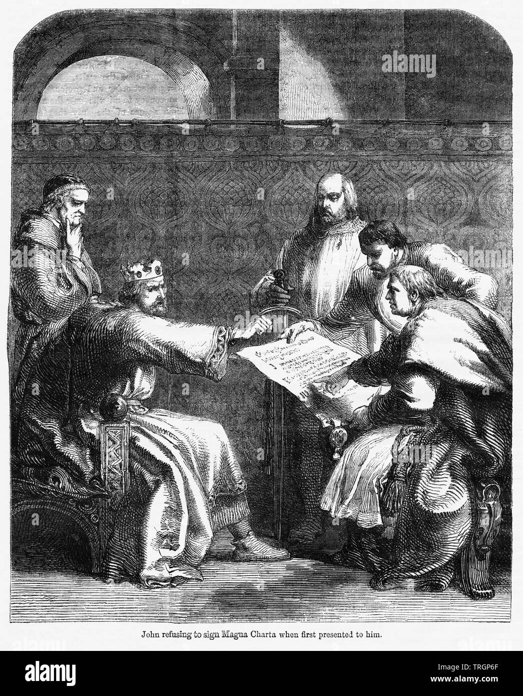 John weigert Magna Charta zu unterzeichnen, wenn er zum ersten Mal vorgestellt, Illustration von John's Cassell Illustrated Geschichte Englands, Bd. I aus der frühesten Periode der Herrschaft von Edward der Vierten, Cassell, Petter und Galpin, 1857 Stockfoto