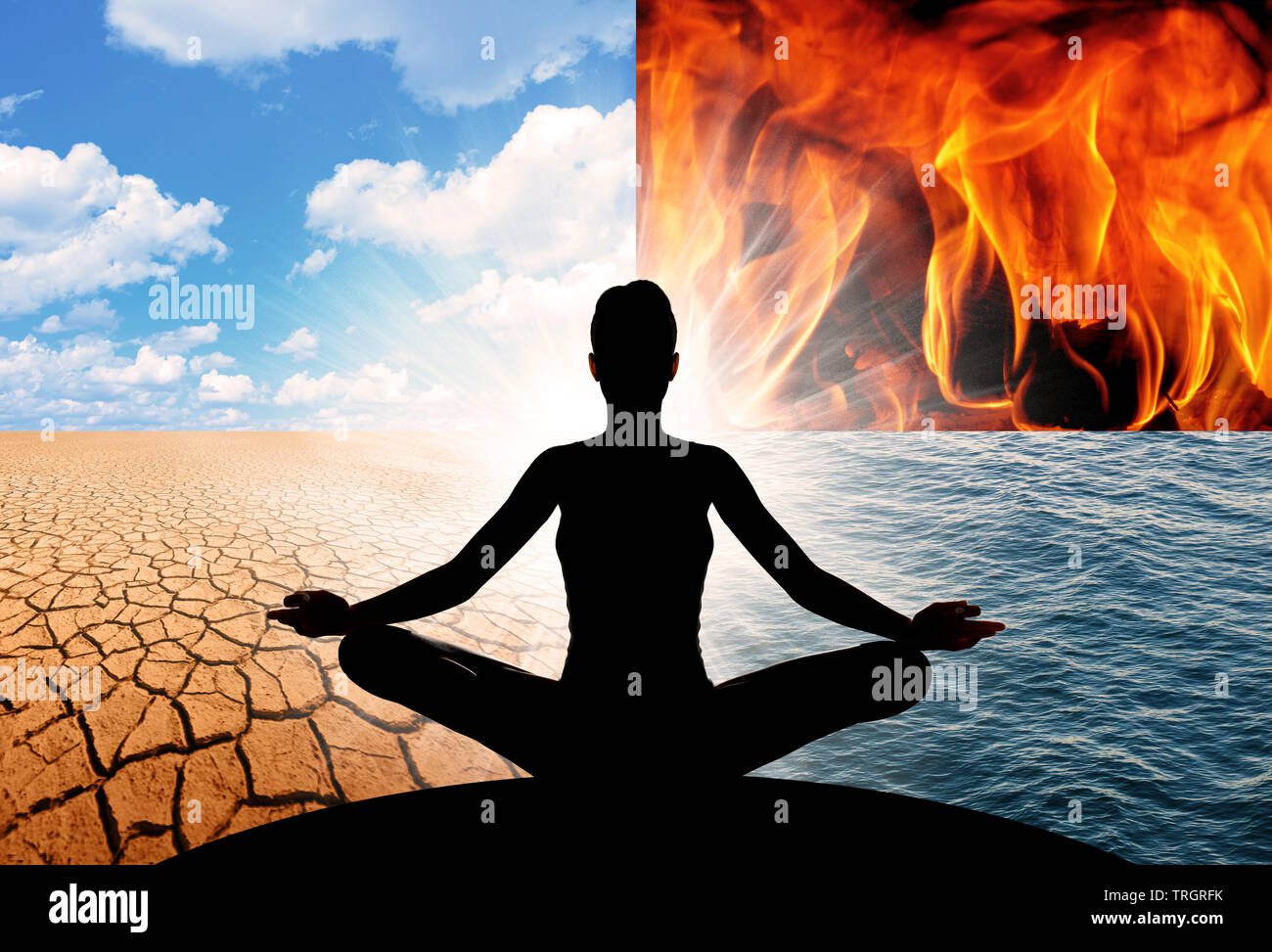 Konzept des Yoga und die 4 Elemente des Universums, Feuer, Wasser, Erde und Luft. Sie machen alles, was ist, und alles, was wir um uns herum sehen, und everyth Stockfoto