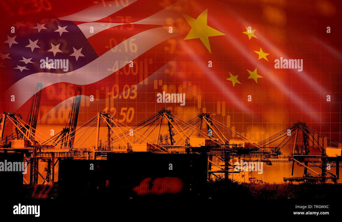 USA und China Handel Kriegswirtschaft Konflikt steuer Wirtschaft Finanzen Geld/Usa von Steuern für die Einfuhr von Waren aus China für Industrie Container Stockfoto