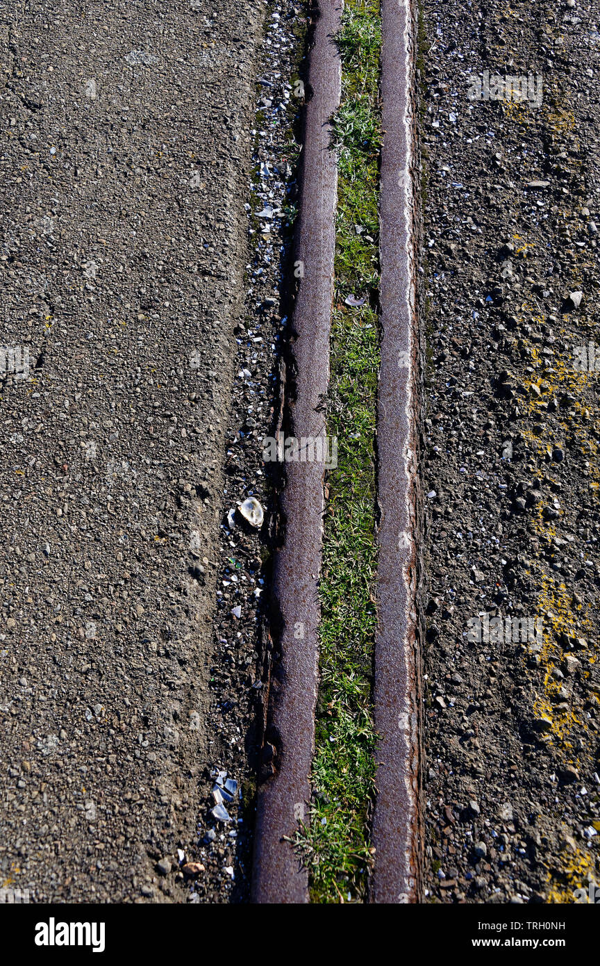 Gras wächst zwischen alten parallelen Schienen auf ein Dock Stockfoto