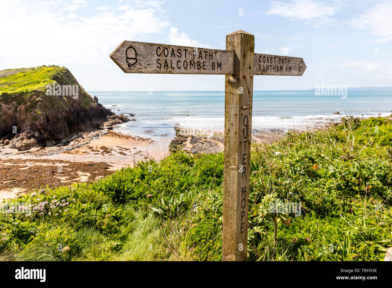 Devon Coast Path, Coast Path Devon Coast Path, Küstenweg unterzeichnen, Coast Path Zeichen, Küstenweg, Zeichen, Zeichen, hölzernen Pfosten, Küste, Devon, Spaziergang, Stockfoto