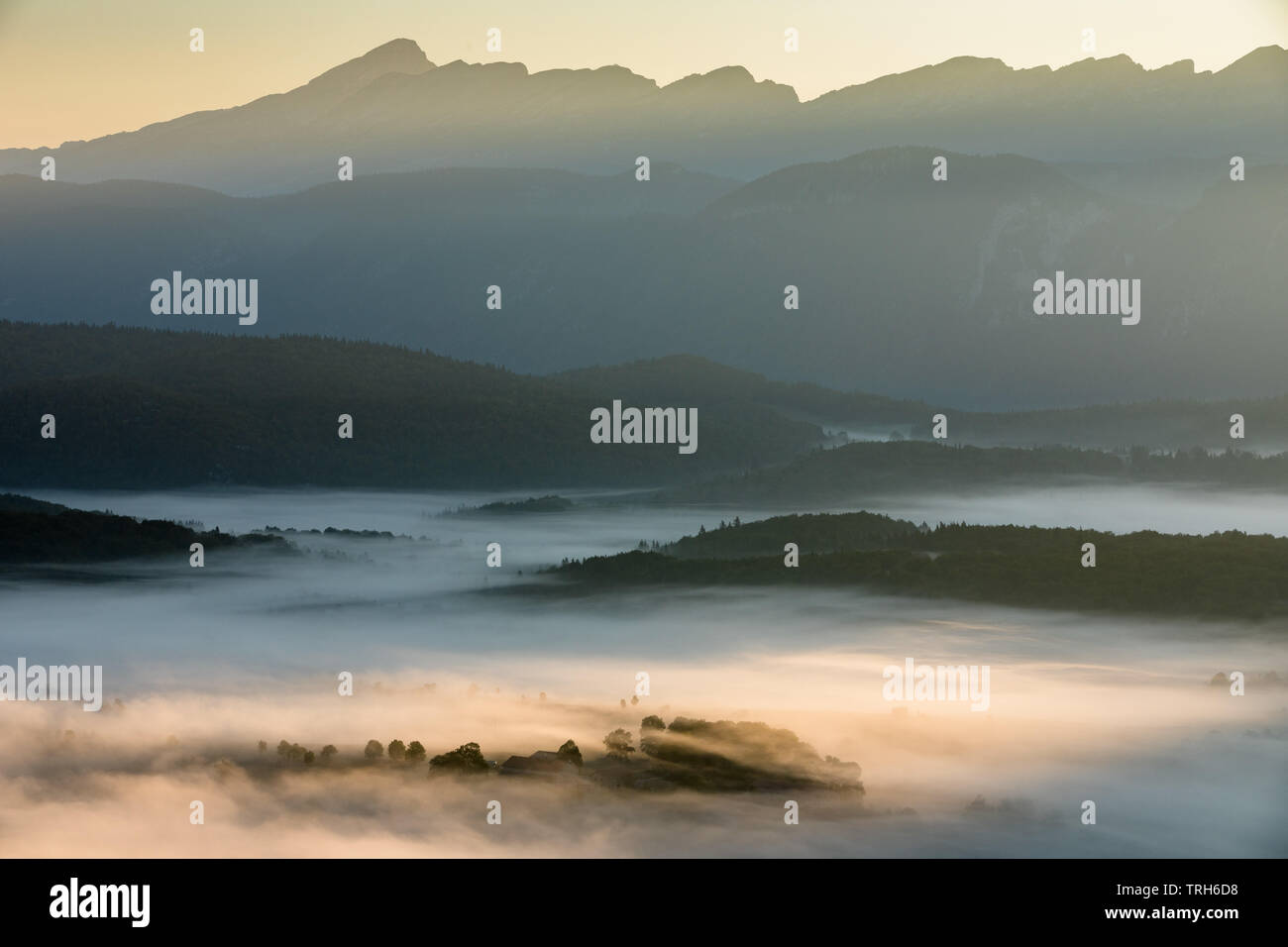 Nebel lag auf den Vercors Plateau in der Morgendämmerung aus dem Col de Chaux oben Vassieux, Drôme, Frankreich Stockfoto