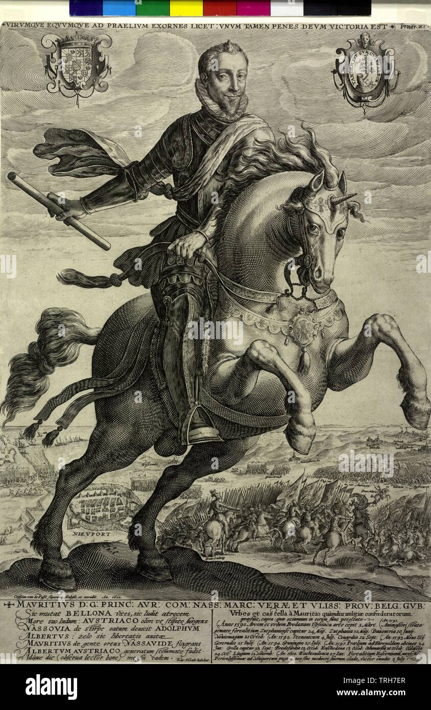 Moritz, Prinz von Oranien, Graf von Nassau, als Sieger der Schlacht von Nieuwpoort (2. Juli 1600) auf dem Hügel im Vordergrund Reiten: in voller Länge, halb von rechts, ohne Kopfbedeckung, mit Schnurrbart, noch Kinn Bart, spitze Ruff, im Kabelbaum, um die linke Schulter liegenden Abbildung Schärpe in den Buchrücken Blasen, die Hände rein, der Knüppel in der Rechten zur Seite steht, die Zügel in der linken zu der rechten Schuldopfer, das Pferd, mit Stacheldraht stirn Schutz, mit upgrade Vorderläufe auf den Aufruf zur, im Hintergrund die stürzen, Additional-Rights - Clearance-Info - Not-Available Stockfoto