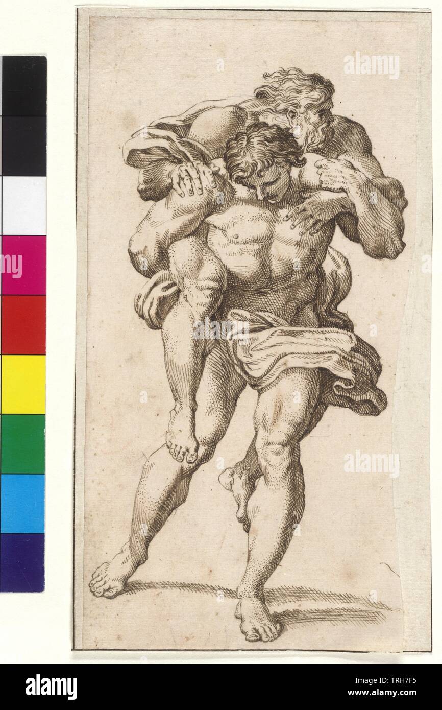 Aeneas seinen Vater Anchises, Federzeichnung in Braun von einem unbekannten Künstler, 17. Jahrhundert, Additional-Rights - Clearance-Info - Not-Available Stockfoto