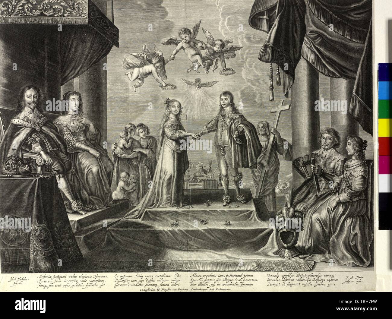 Wilhelm II., Prinz von Oranien, Graf von Nassau, allegorischen Szene auf seiner Hochzeit mit Maria Stuart, Prinzessin von England (12. Mai 1641): Das Brautpaar (er 15, sie ist 10 Jahre jung und etwas älter) in der Mitte auf einem Doppel - werfen, abdecken, mit Blumen streuen Estrade stehend, einander die rechte Hand reichte, oberhalb des Heiligen Geistes in Gestalt einer ausgedehnteren gehörlose Person und drei geflügelte Genien schweben, zwei von ihnen halten zwei lorbeerkranz oberhalb des Paares, Maria stehen auf der rechten Seite von Wilhelm, weil ihr die Note eines Ki, Additional-Rights - Clearance-Info - Not-Available Stockfoto