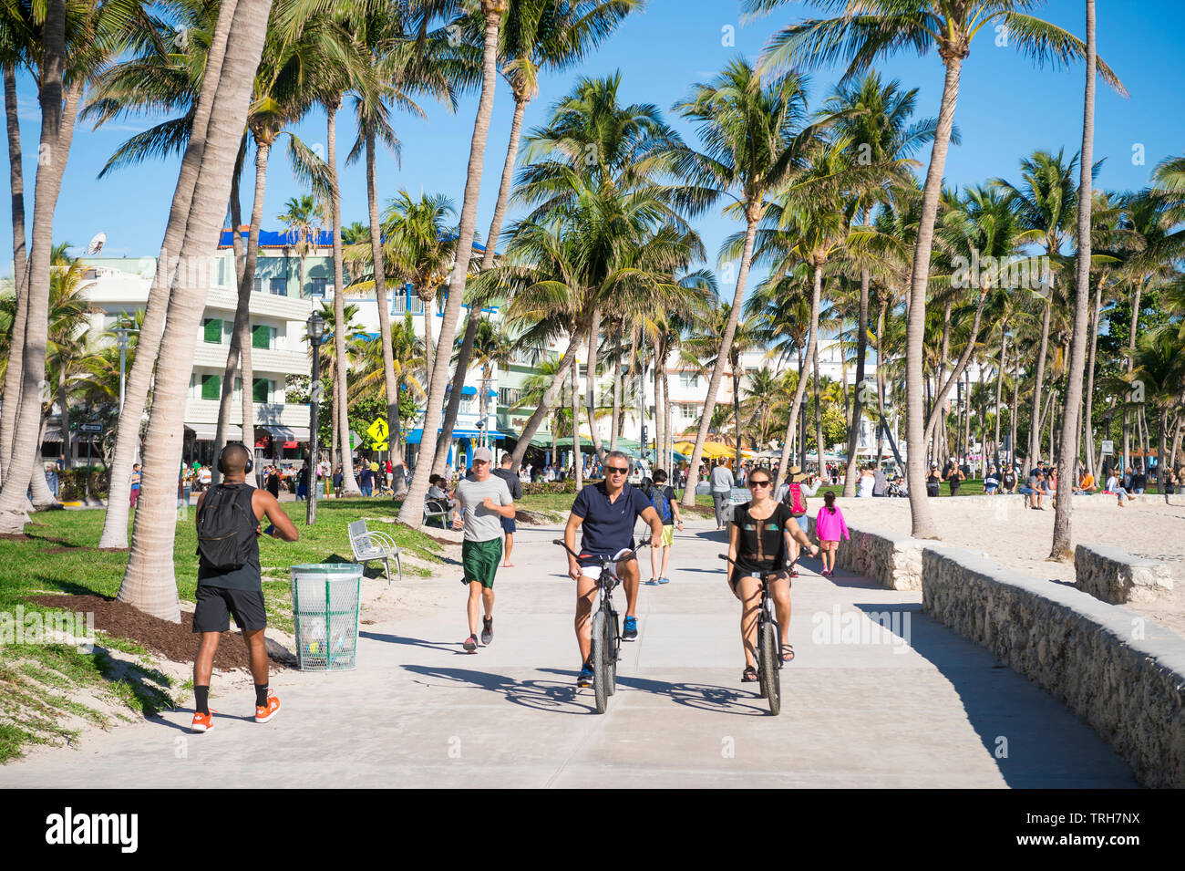 MIAMI - Dezember 27, 2017: Morgen Radfahrer und Fußgänger teilen sich die beachfront Promenade Promenade am Lummus Park in South Beach. Stockfoto