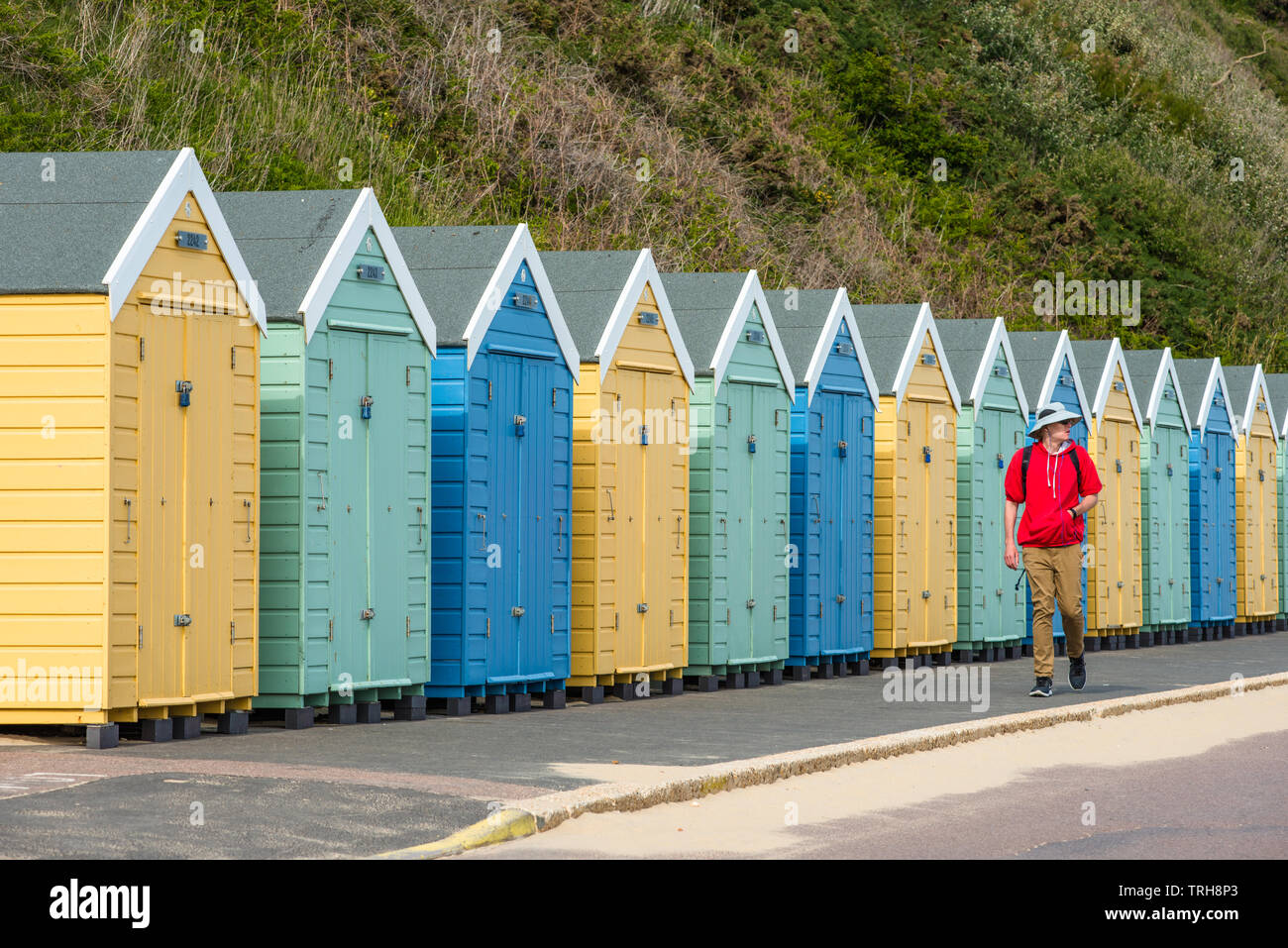 Farbenfrohe Strand Hütte am Bournmouth Strand in Dorset, England, UK. Stockfoto