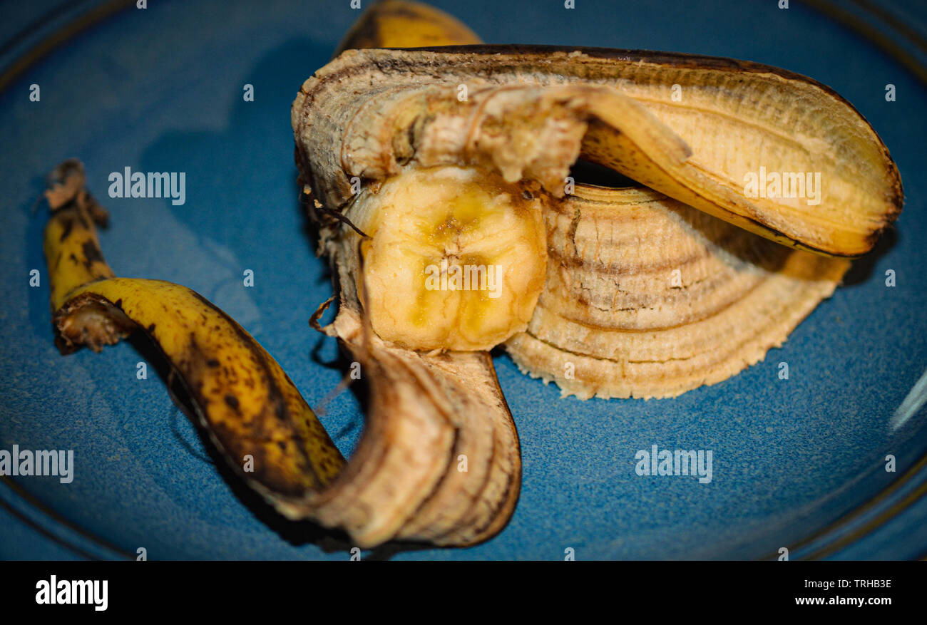 Schimmelige gelbe Banane Obst closeup auf einem blauen Küche Schild mit fäulnisbefall Browning schälen und über reife Banane Fleisch Stockfoto