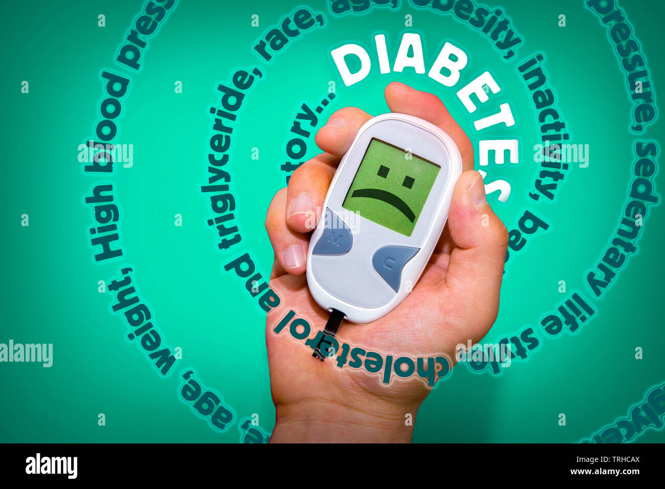 Diabetes Risikofaktoren zeigen auf glucometer, Gefahr für die Gesundheit. Medizinisches Konzept Stockfoto