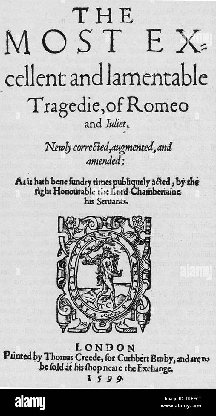 ROMEO UND JULIA von William Shakespeare im einzelnen Volume Edition von 1599 Stockfoto