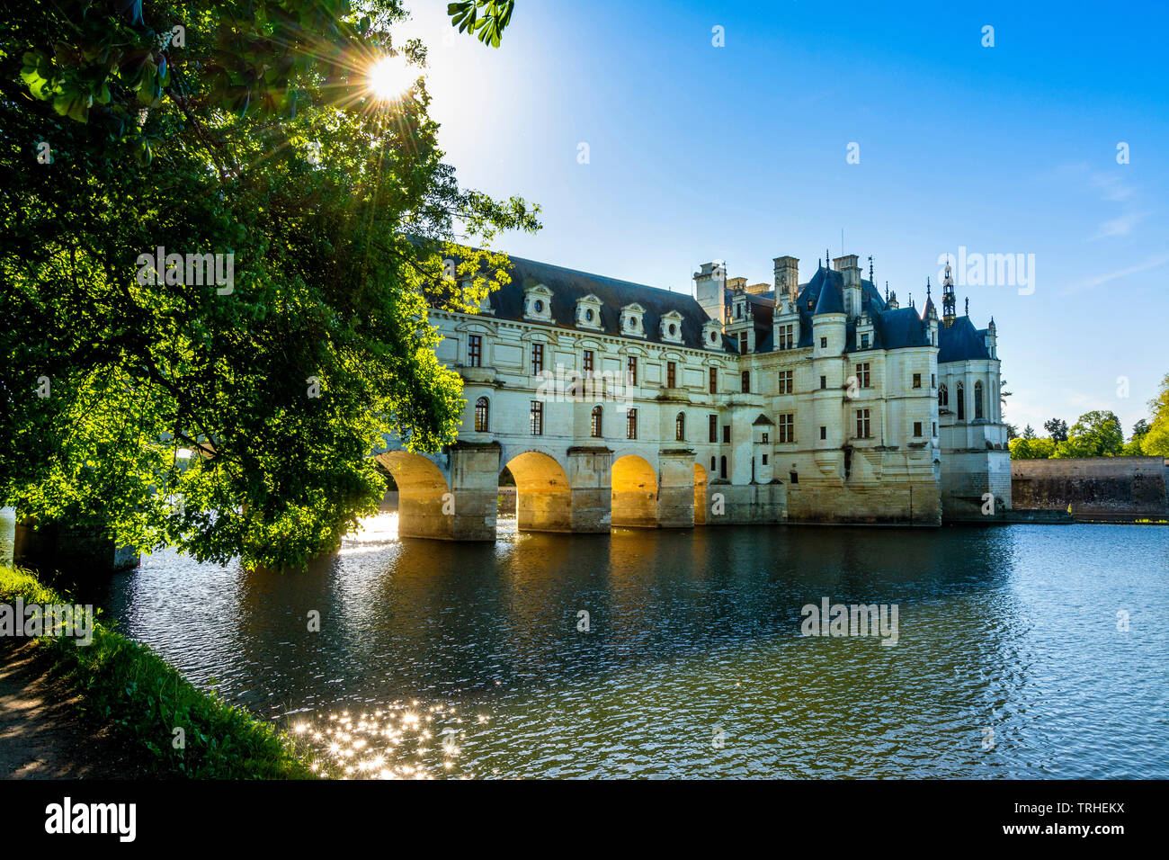 Schloss Chenonceau überspannt den Fluss Cher, Tal der Loire, Indre et Loire, Center-Val de Loire, Frankreich Stockfoto