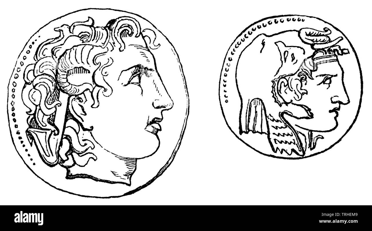 Münze mit dem Kopf von Alexander dem Großen, geprägt durch Chrasia unter Lysimacho (links), Alexander als Eroberer von Indien auf einer Münze des Königs Pfosomais ich in Ägypten (rechts).,, (Technik Buch, 1872) Stockfoto