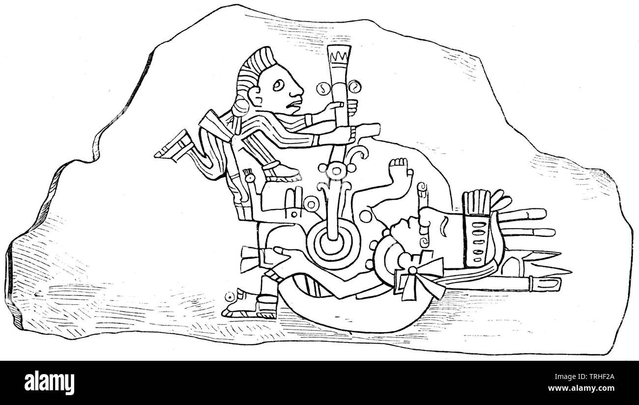 Priester Licht der neuen Feuer auf der Brust des Opfers. Aztec Darstellung. Nach Humboldt: "Vue des Cordilleres''',, (Anthropologie, 1874) Stockfoto