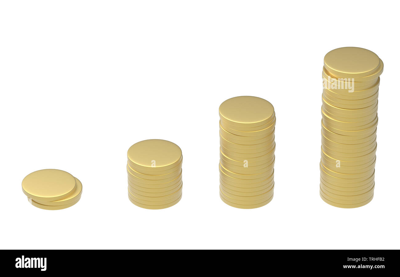 Steigende Goldmünzen oben seitlich Stack. Starker Wachstumsmarkt in der Börse und erfolgreiche Geldanlage. 3D-Darstellung Stockfoto