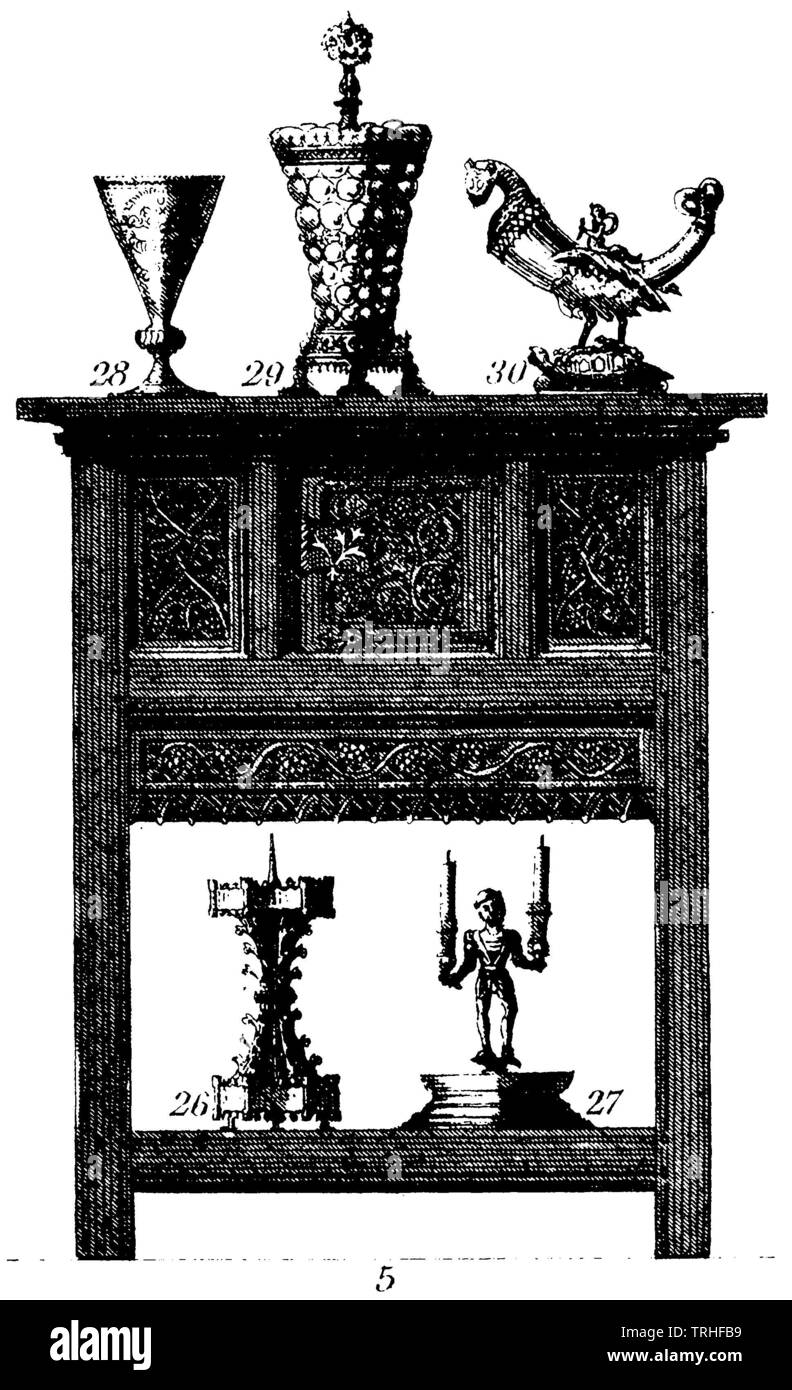 Kredenzschrein (16. Jahrhundert). Geräte unter: Kerzenständer (um 1500), top: Trinkutensilien (15. und 16. Jahrhundert), , (kulturelle Geschichte Buch, 1875) Stockfoto